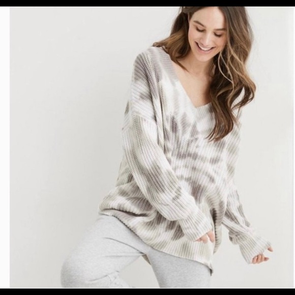 Aerie Tie Dye V Neck Oversized Sweater Sz XS Grey White SPRING 🌺💐🌷✅ - Picture 1 of 6